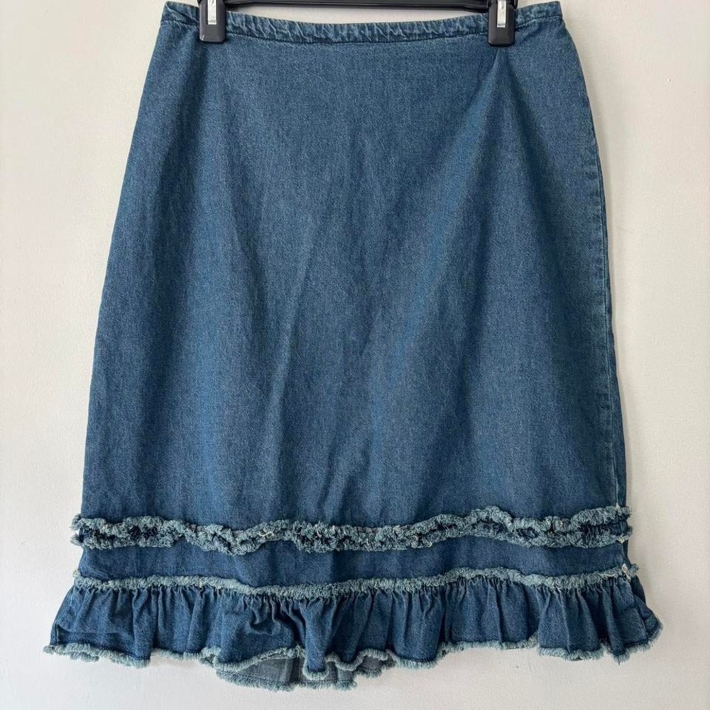 Y2K Fairycore Ruffle 90s Boho Midi Fairy Grunge Ethereal Denim Skirt - Medium